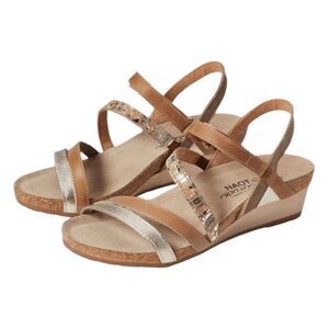 NAOT Hero Sandals Gold Floral Brown Leather Low Wedge Strappy 10